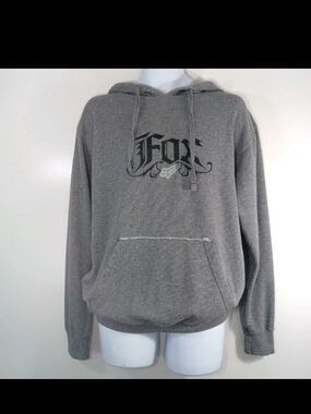 Y2K Fox Racing Gray Crewneck Hoodie with Logo Mens Spellout